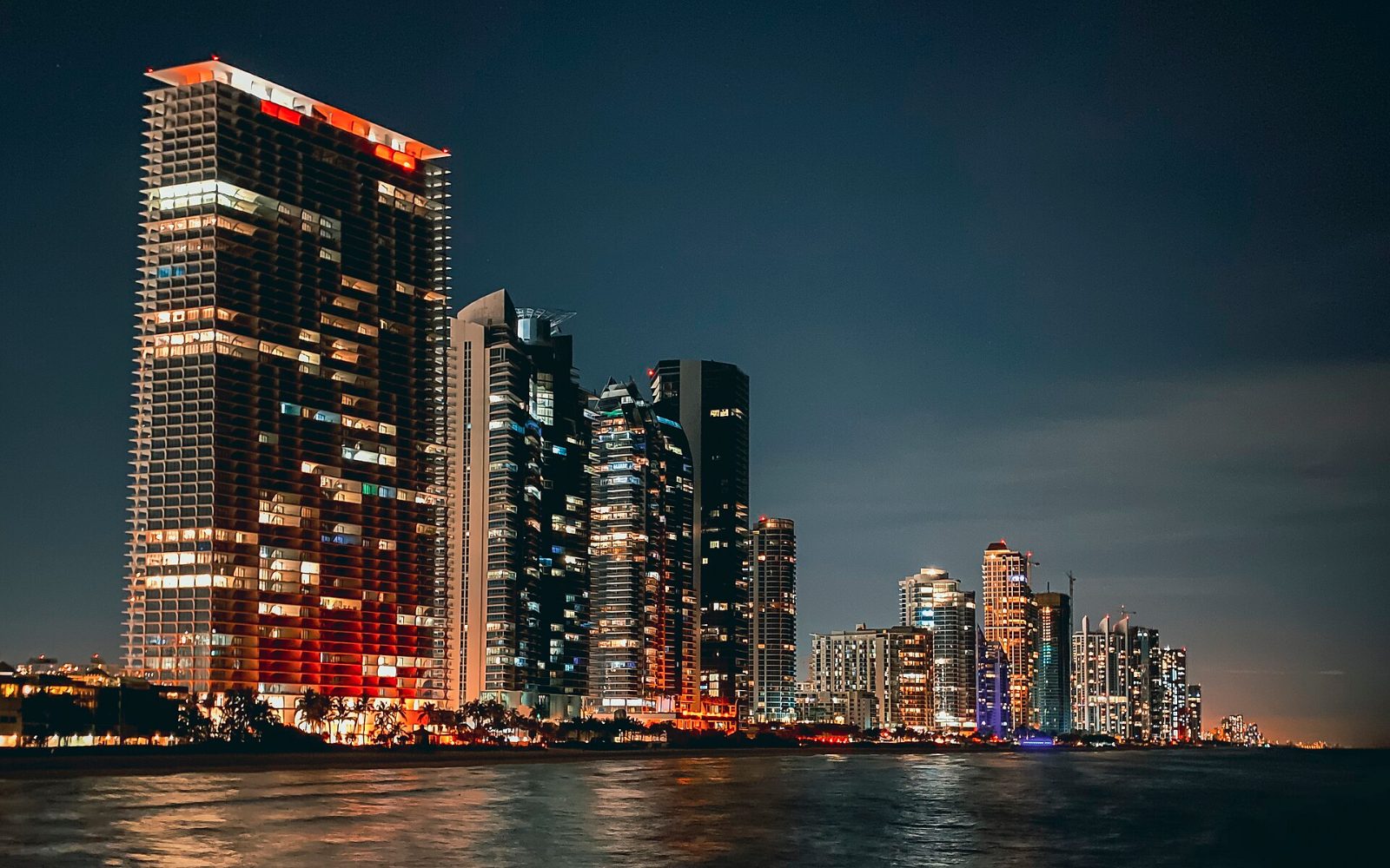 Miami skyline at night, seen from the water